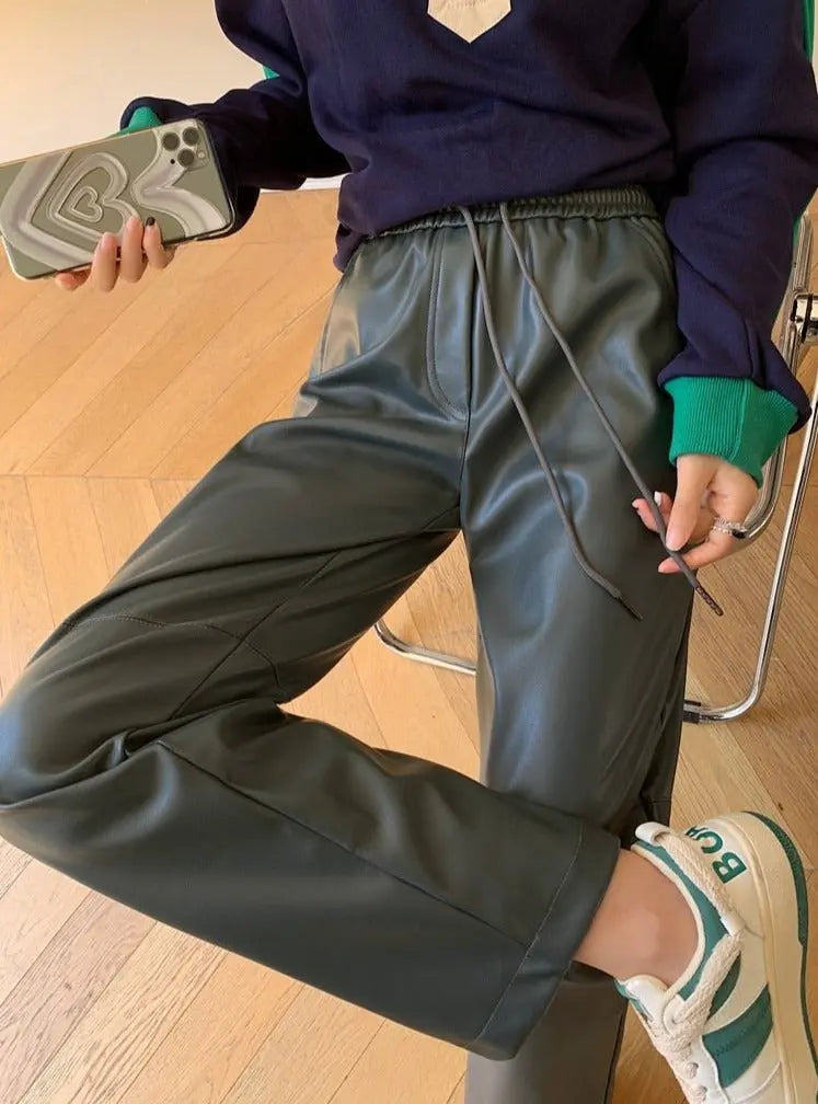 Drawstring PU Leather Trousers Women Elastic Waist Straight Faux Leather Pants - Blade & Thread