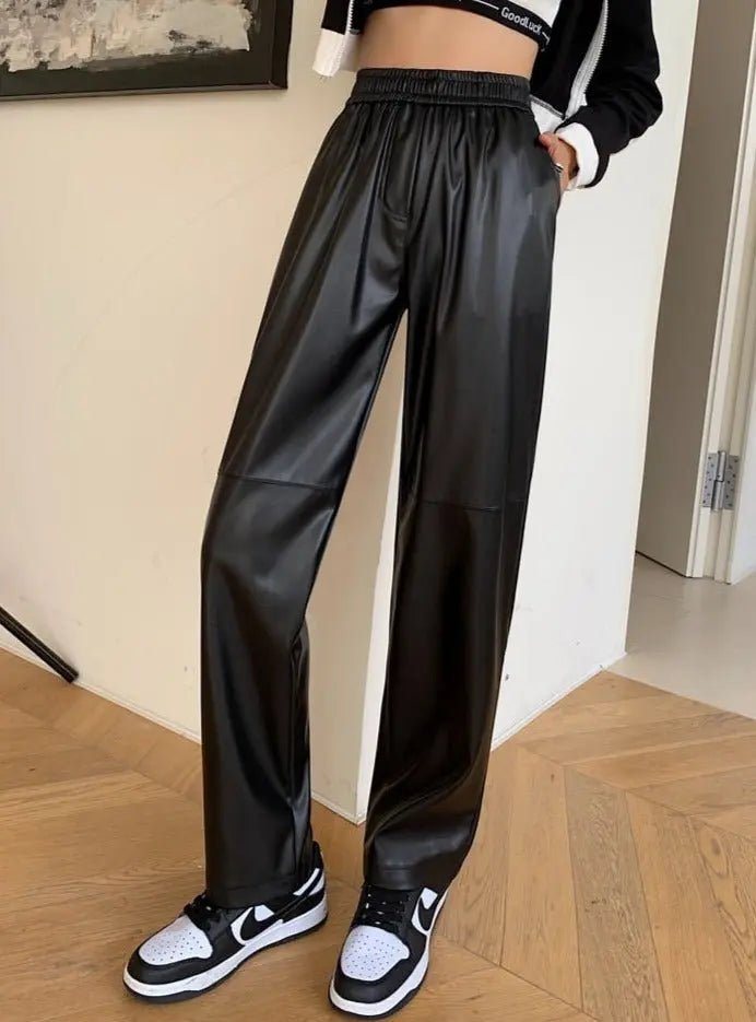 Drawstring PU Leather Trousers Women Elastic Waist Straight Faux Leather Pants - Blade & Thread