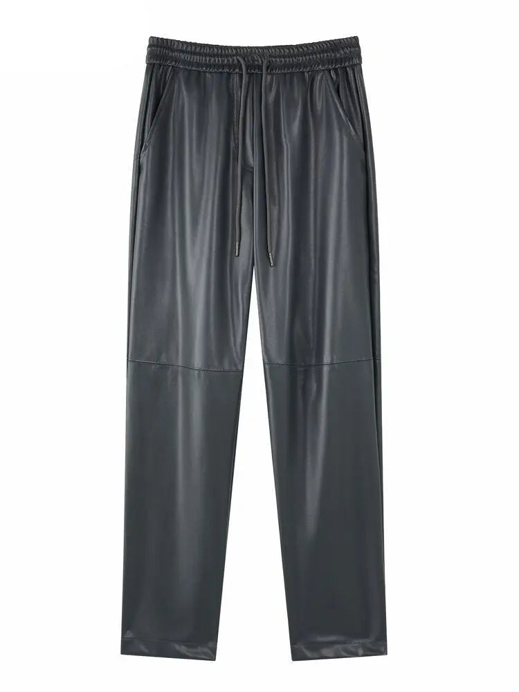 Drawstring PU Leather Trousers Women Elastic Waist Straight Faux Leather Pants - Blade & Thread