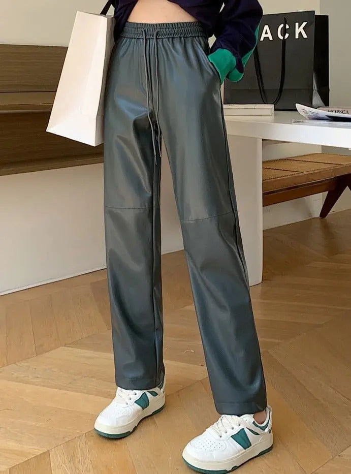 Drawstring PU Leather Trousers Women Elastic Waist Straight Faux Leather Pants - Blade & Thread
