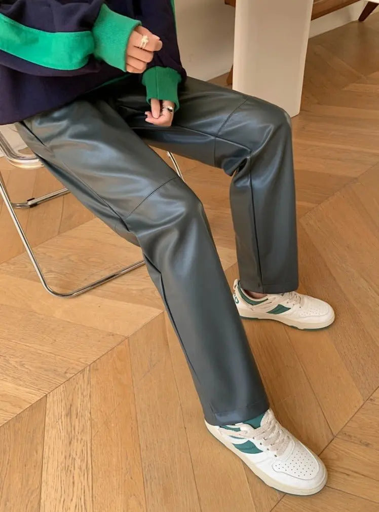 Drawstring PU Leather Trousers Women Elastic Waist Straight Faux Leather Pants - Blade & Thread