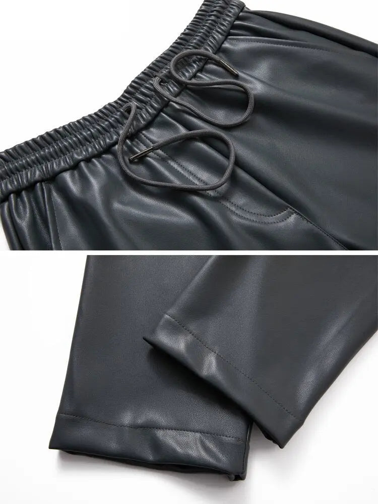 Drawstring PU Leather Trousers Women Elastic Waist Straight Faux Leather Pants - Blade & Thread