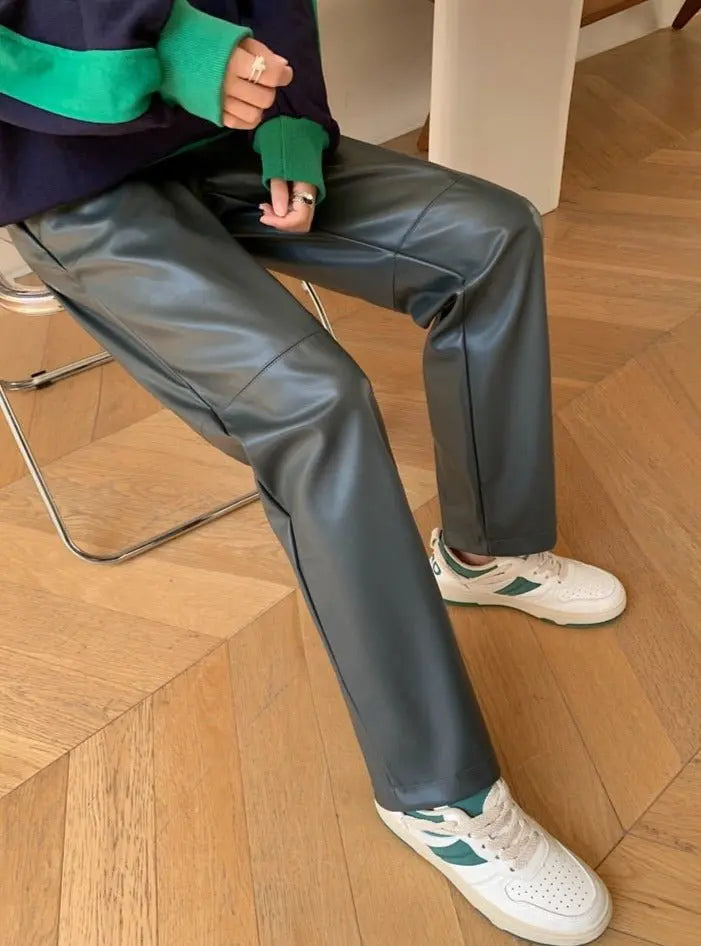 Drawstring PU Leather Trousers Women Elastic Waist Straight Faux Leather Pants - Blade & Thread