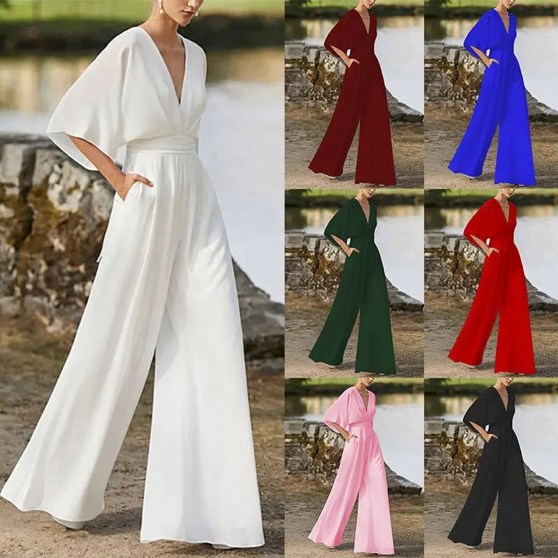 Dress Jumpsuit Explosive Deep V High Waist Wide Leg Trousers - Blade & Thread