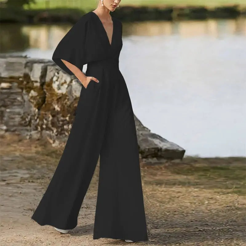 Dress Jumpsuit Explosive Deep V High Waist Wide Leg Trousers - Blade & Thread