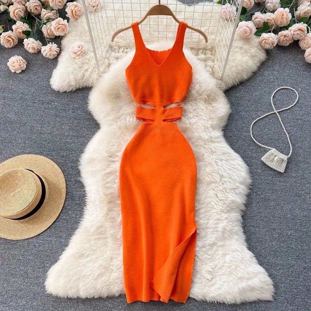 Dress Sexy Cut Out Waist Package Hips Split Bodycon Dress Vestidos Sundress - Blade & Thread