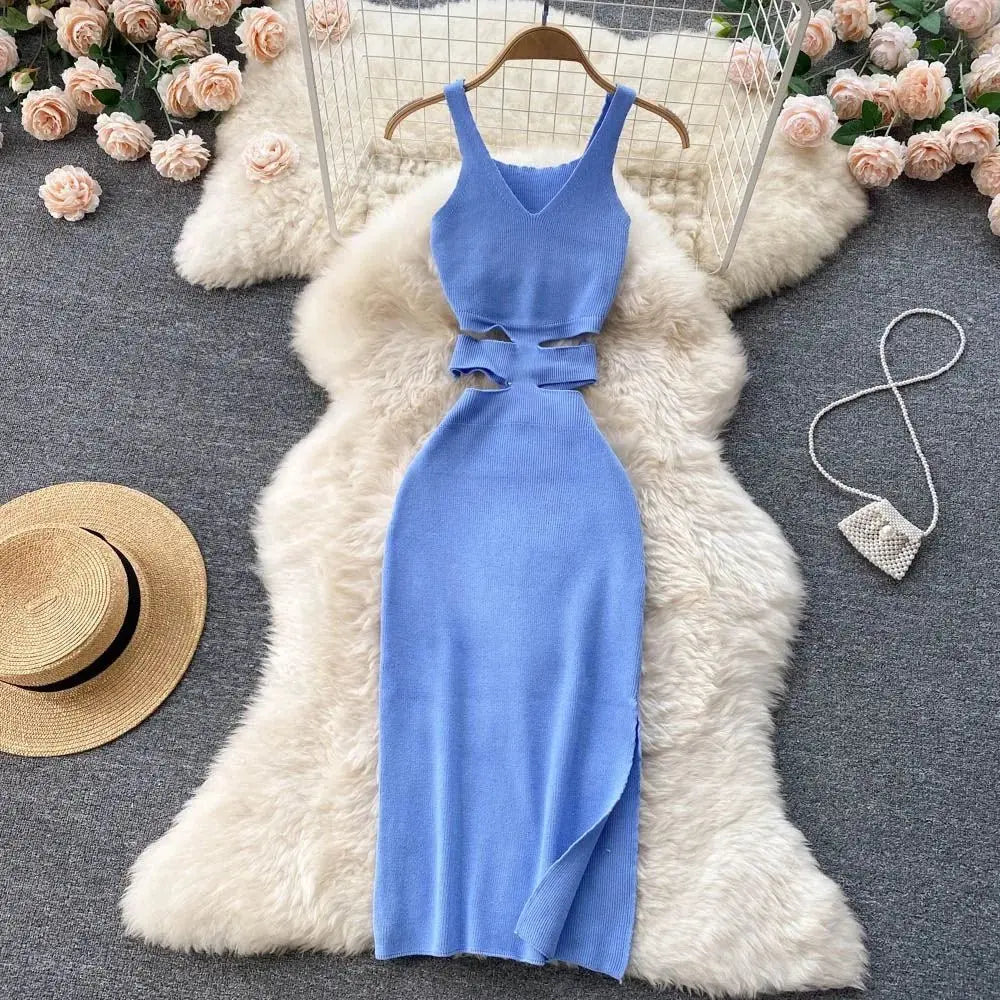 Dress Sexy Cut Out Waist Package Hips Split Bodycon Dress Vestidos Sundress - Blade & Thread