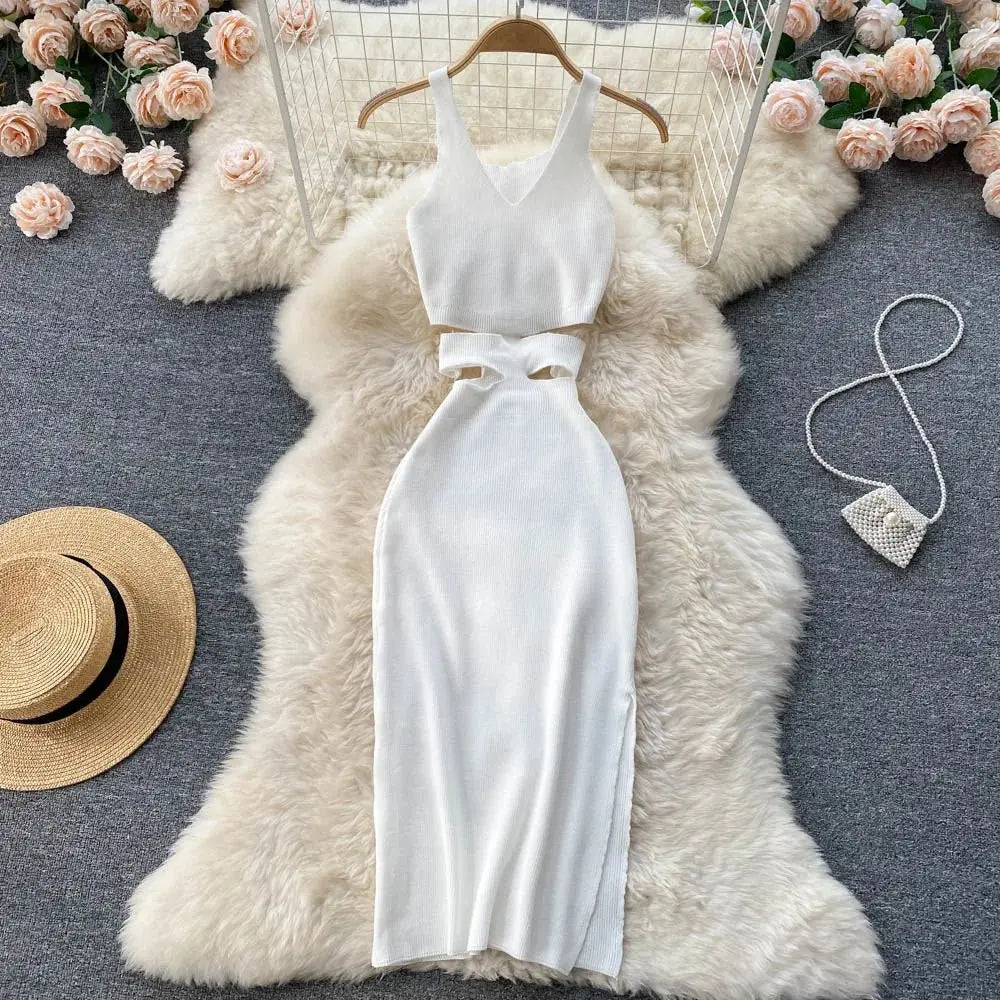 Dress Sexy Cut Out Waist Package Hips Split Bodycon Dress Vestidos Sundress - Blade & Thread