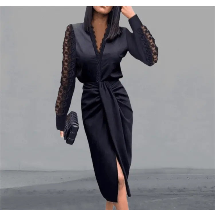 Dress Women Popular Sexy Dress V-neck Lace Long Sleeve Black Elegant Party Dresses - Blade & Thread