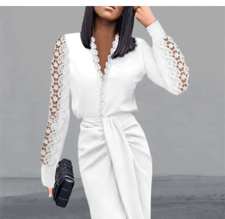 Dress Women Popular Sexy Dress V-neck Lace Long Sleeve Black Elegant Party Dresses - Blade & Thread
