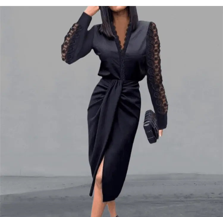 Dress Women Popular Sexy Dress V-neck Lace Long Sleeve Black Elegant Party Dresses - Blade & Thread