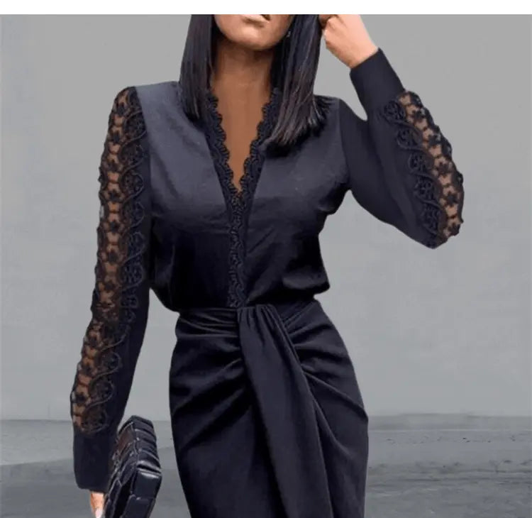 Dress Women Popular Sexy Dress V-neck Lace Long Sleeve Black Elegant Party Dresses - Blade & Thread