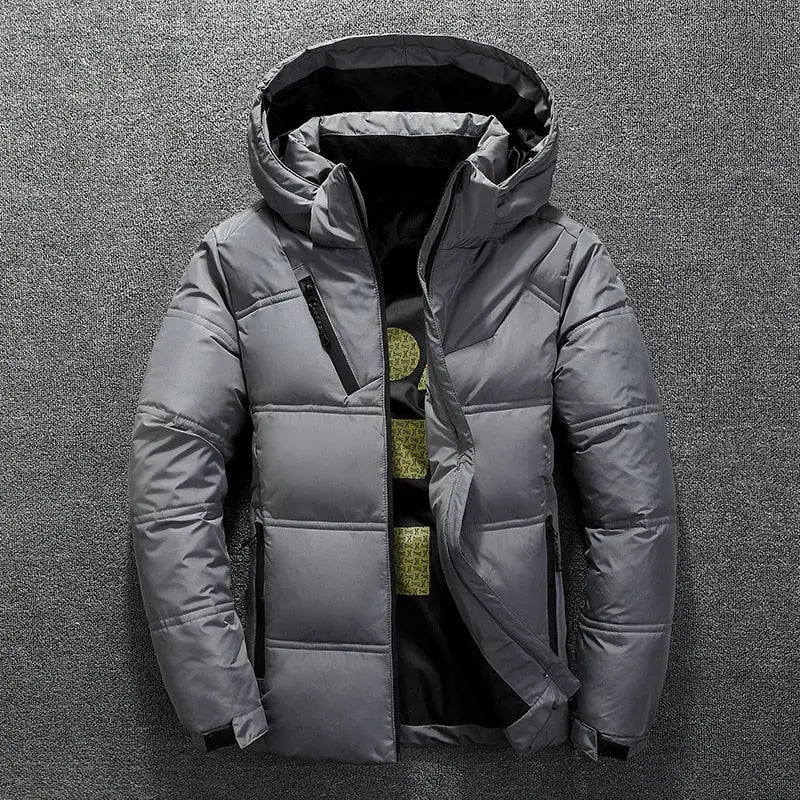 Duck Down Jacket Men Winter Warm Solid Color Hooded Jackets Outdoor Coat - Blade & Thread