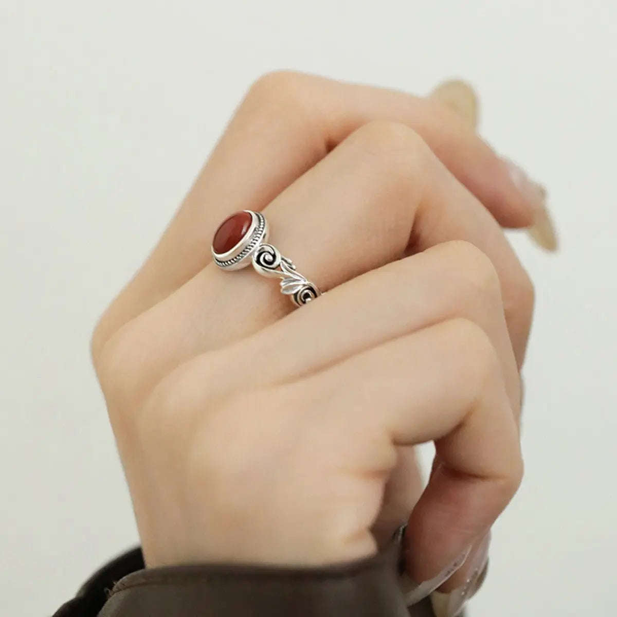 Egg-shaped red and green stone ring - Blade & Thread