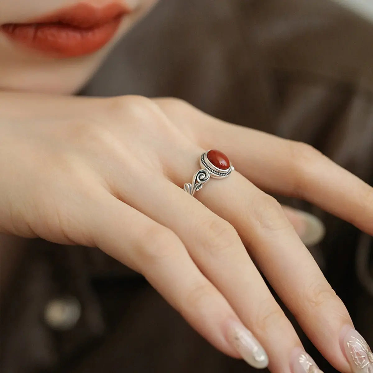 Egg-shaped red and green stone ring - Blade & Thread