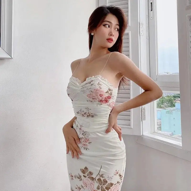 Elegant Flower Print Suspender Dress Women Fashion Off Shoulder Backless Midi Dresses - Blade & Thread