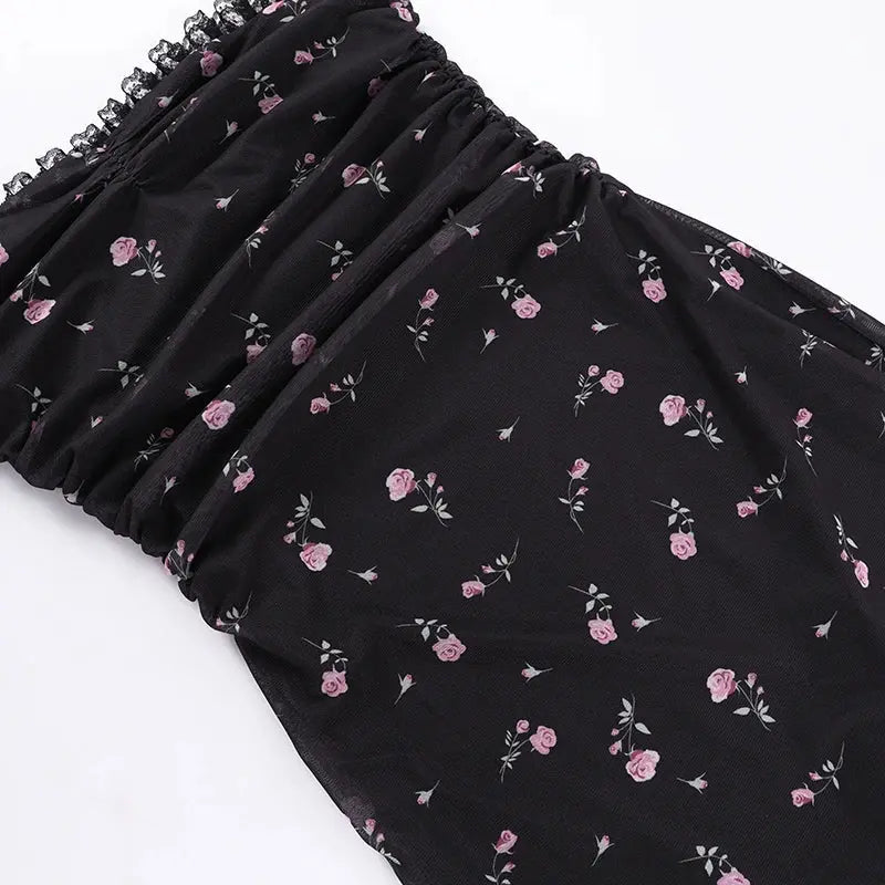 Elegant Flower Print Suspender Dress Women Fashion Off Shoulder Backless Midi Dresses - Blade & Thread