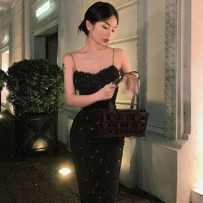 Elegant Flower Print Suspender Dress Women Fashion Off Shoulder Backless Midi Dresses - Blade & Thread