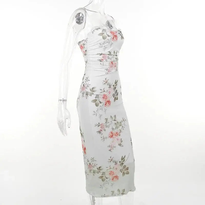 Elegant Flower Print Suspender Dress Women Fashion Off Shoulder Backless Midi Dresses - Blade & Thread