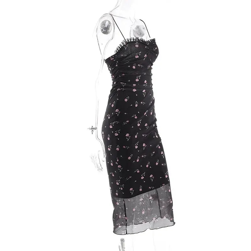 Elegant Flower Print Suspender Dress Women Fashion Off Shoulder Backless Midi Dresses - Blade & Thread