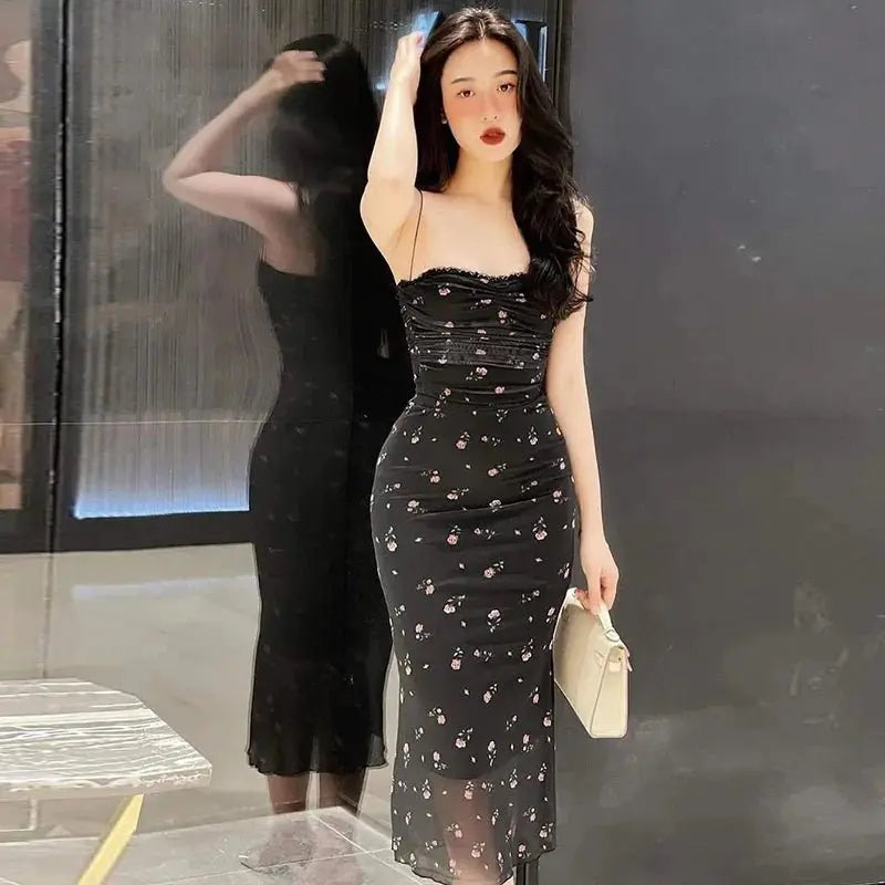 Elegant Flower Print Suspender Dress Women Fashion Off Shoulder Backless Midi Dresses - Blade & Thread