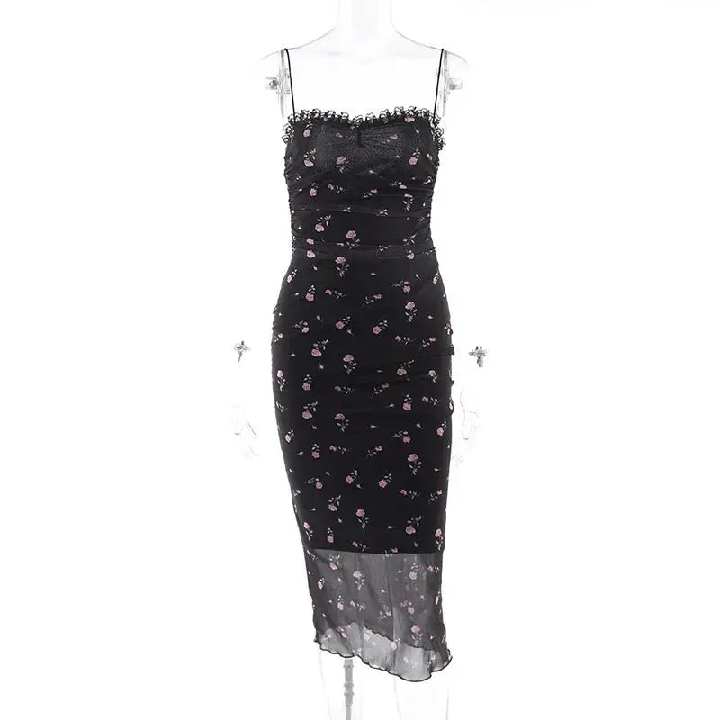 Elegant Flower Print Suspender Dress Women Fashion Off Shoulder Backless Midi Dresses - Blade & Thread