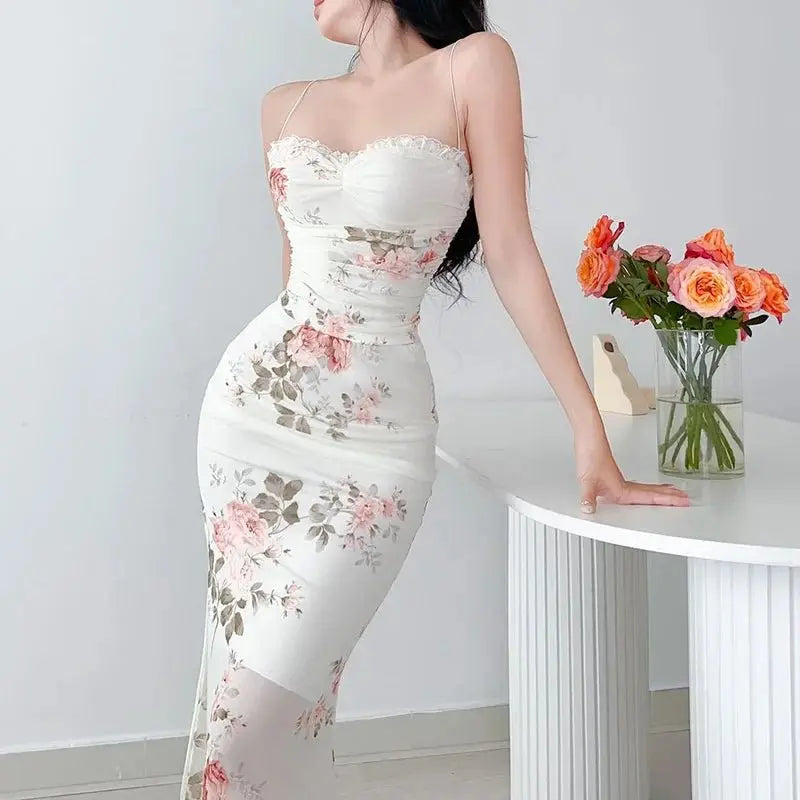 Elegant Flower Print Suspender Dress Women Fashion Off Shoulder Backless Midi Dresses - Blade & Thread