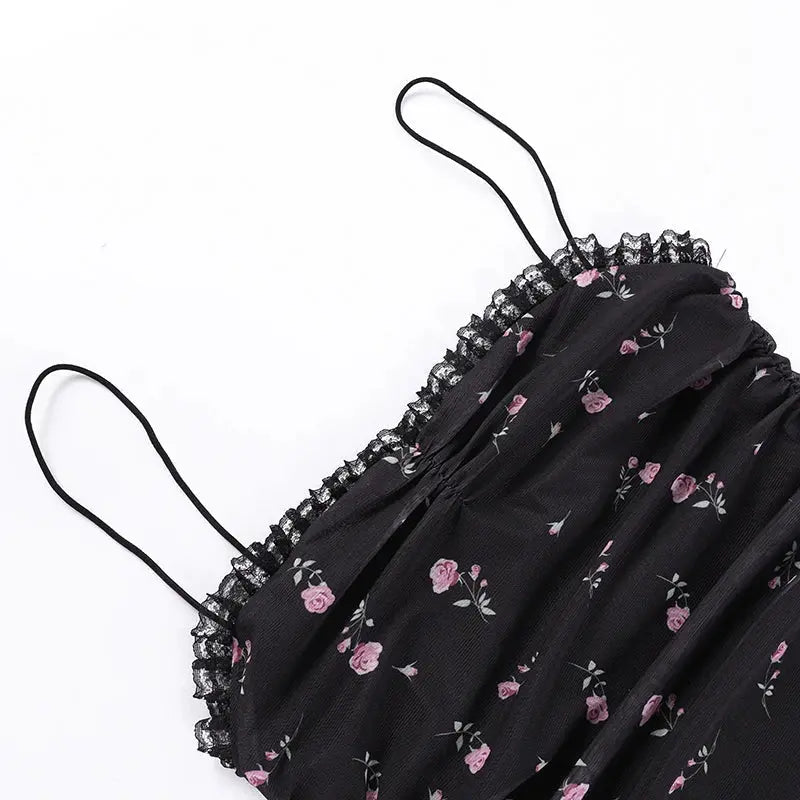 Elegant Flower Print Suspender Dress Women Fashion Off Shoulder Backless Midi Dresses - Blade & Thread