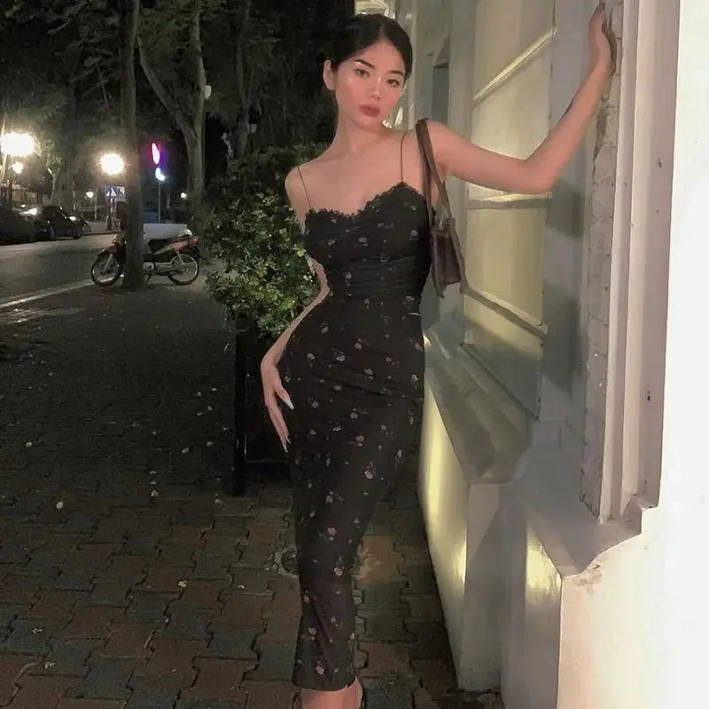 Elegant Flower Print Suspender Dress Women Fashion Off Shoulder Backless Midi Dresses - Blade & Thread