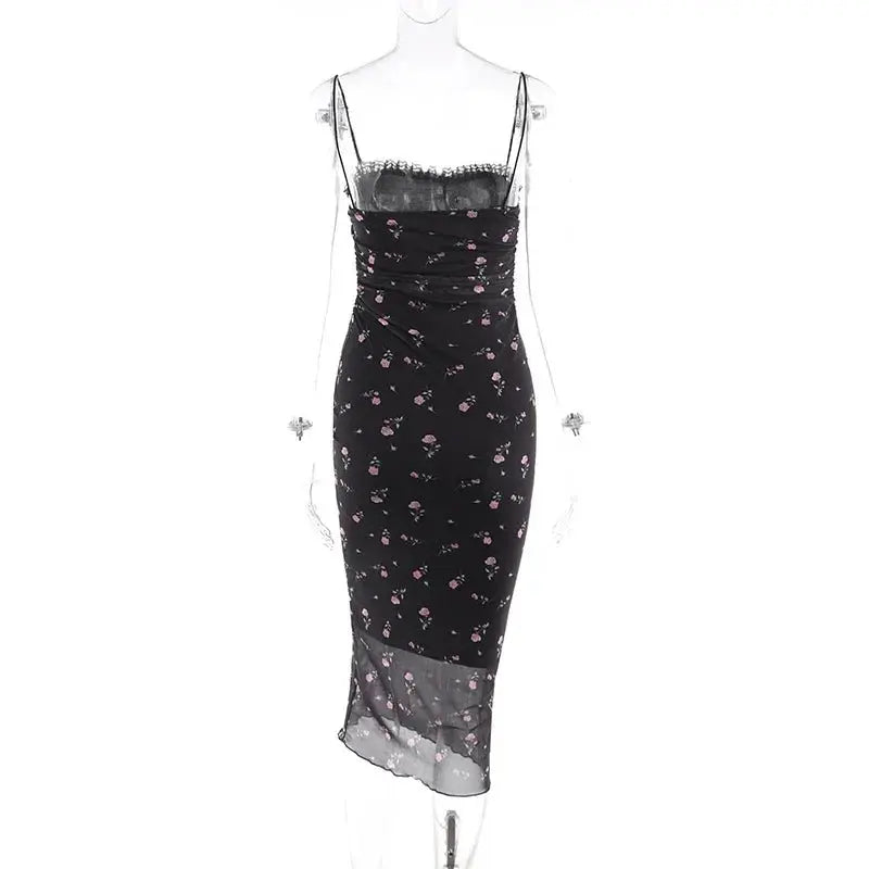 Elegant Flower Print Suspender Dress Women Fashion Off Shoulder Backless Midi Dresses - Blade & Thread