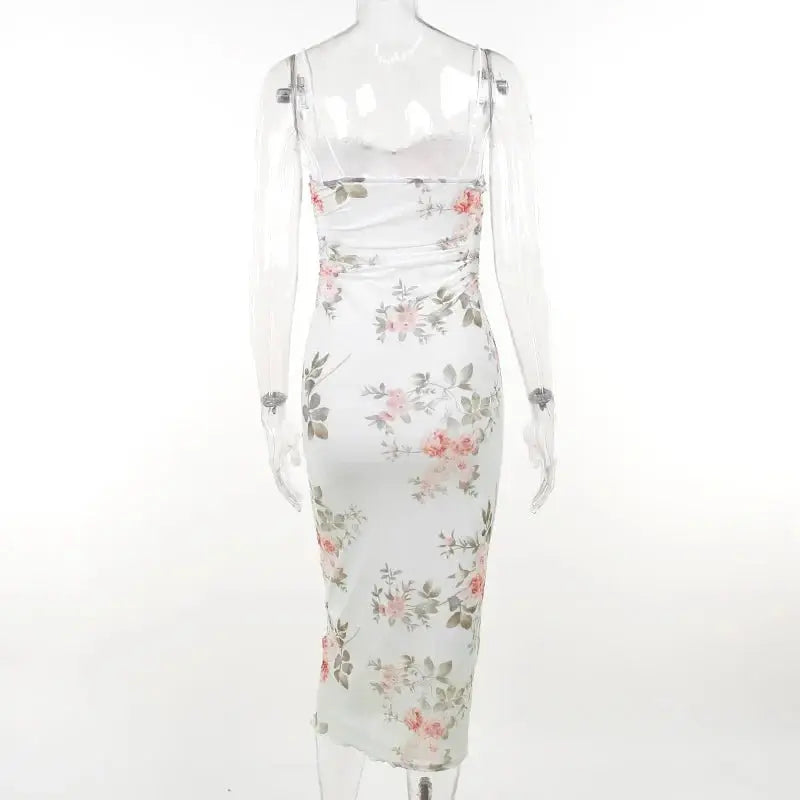 Elegant Flower Print Suspender Dress Women Fashion Off Shoulder Backless Midi Dresses - Blade & Thread