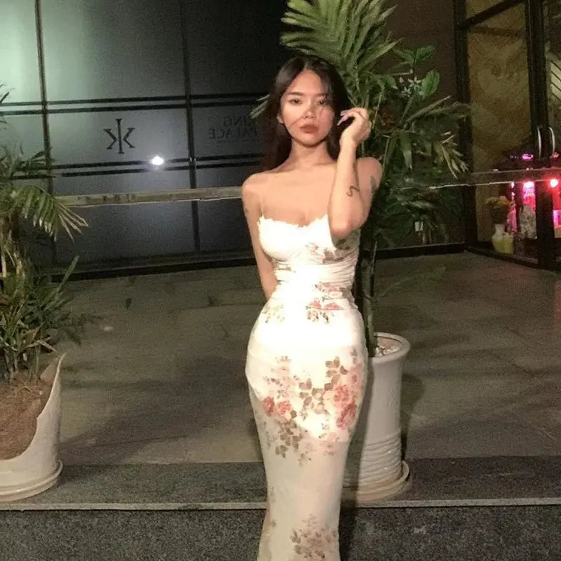 Elegant Flower Print Suspender Dress Women Fashion Off Shoulder Backless Midi Dresses - Blade & Thread