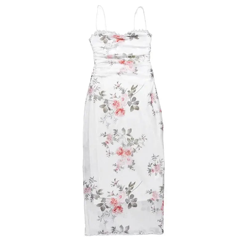 Elegant Flower Print Suspender Dress Women Fashion Off Shoulder Backless Midi Dresses - Blade & Thread