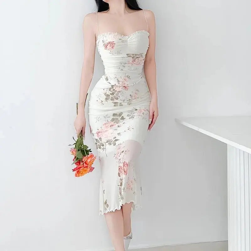 Elegant Flower Print Suspender Dress Women Fashion Off Shoulder Backless Midi Dresses - Blade & Thread