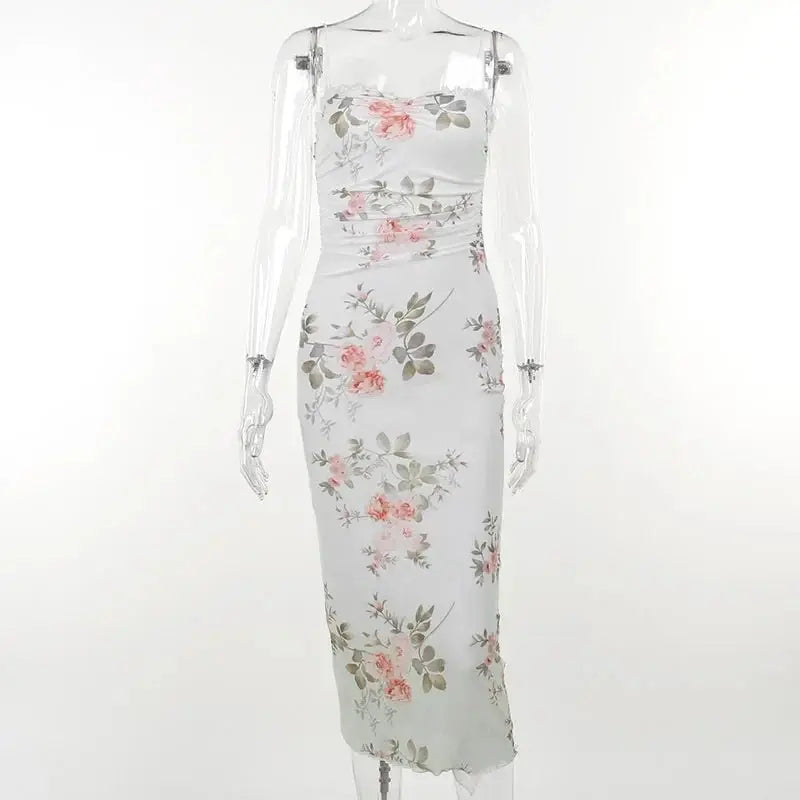 Elegant Flower Print Suspender Dress Women Fashion Off Shoulder Backless Midi Dresses - Blade & Thread