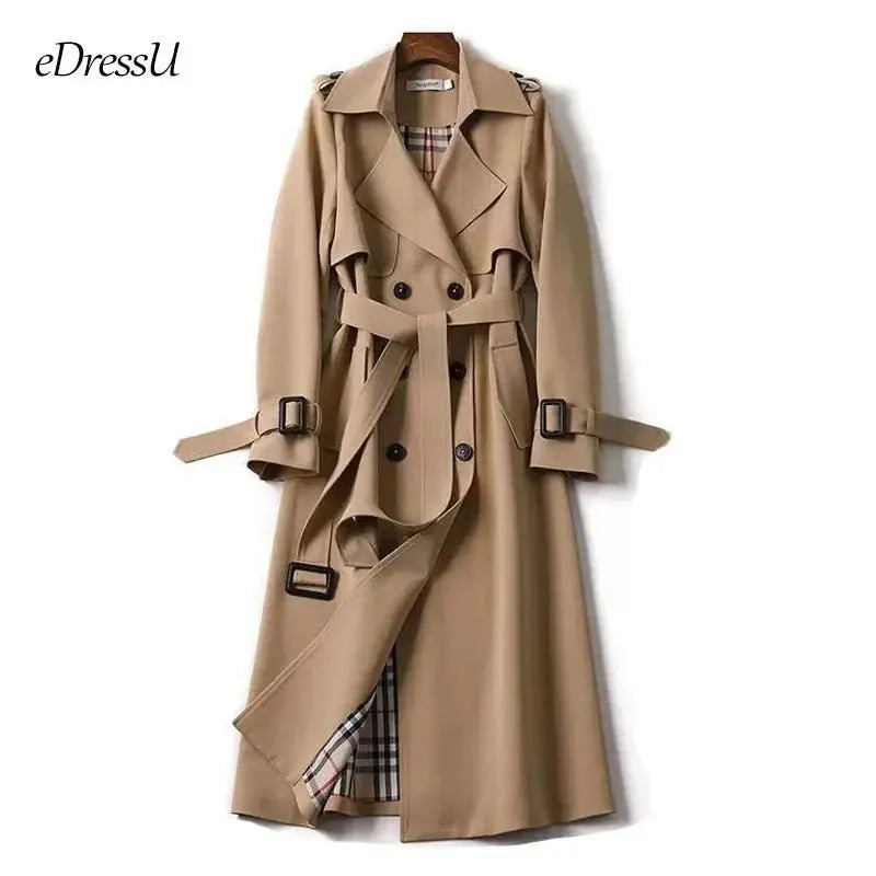 Elegant Long Windbreaker Korean Double Breasted Belt Dust Coat - Blade & Thread