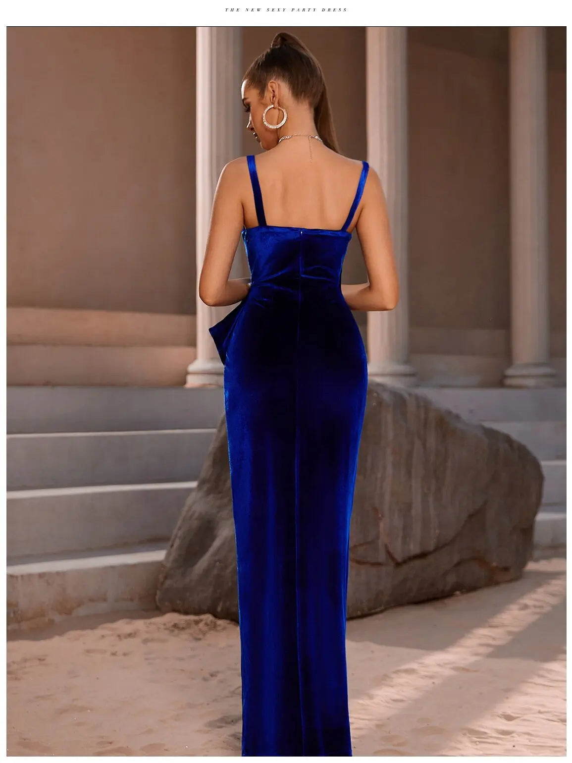 Elegant Maxi Club Dress 2023 Sexy High Split Blue Pearl Velvet Spaghetti Strap - Blade & Thread