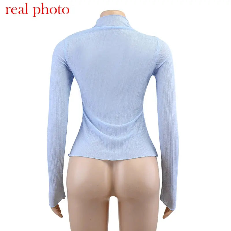 Elegant See Through Long Sleeve Mock Neck Women Tops Fashion Streetwear T-Shirts nowadaysfashion
