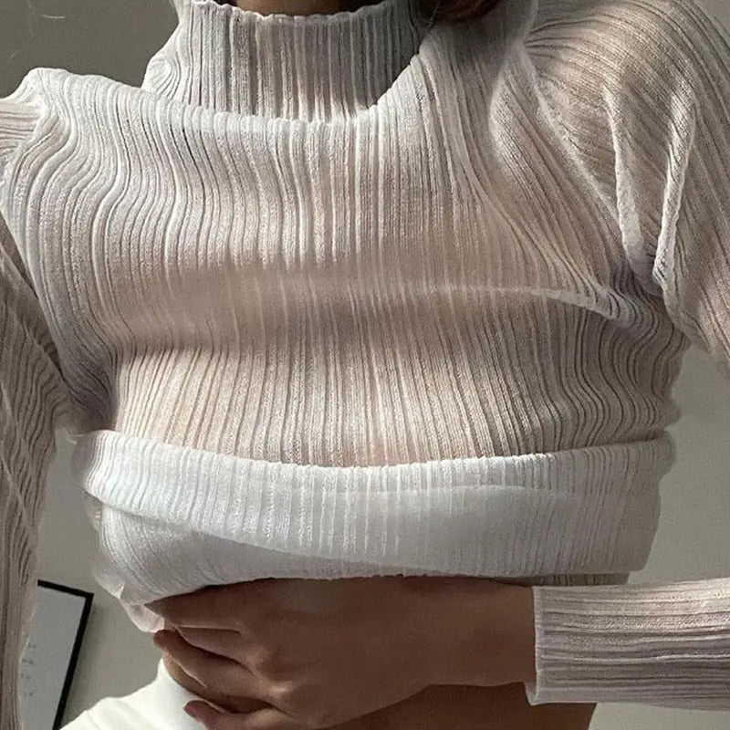 Elegant See Through Long Sleeve Mock Neck Women Tops Fashion Streetwear T-Shirts nowadaysfashion