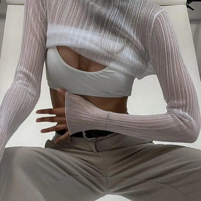 Elegant See Through Long Sleeve Mock Neck Women Tops Fashion Streetwear T-Shirts nowadaysfashion