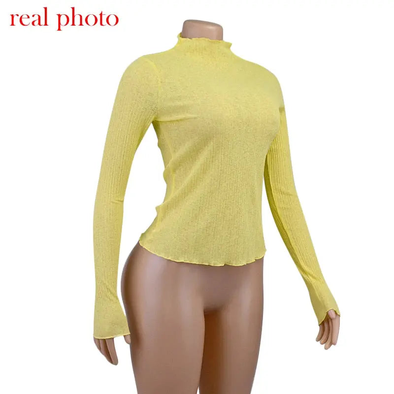 Elegant See Through Long Sleeve Mock Neck Women Tops Fashion Streetwear T-Shirts nowadaysfashion