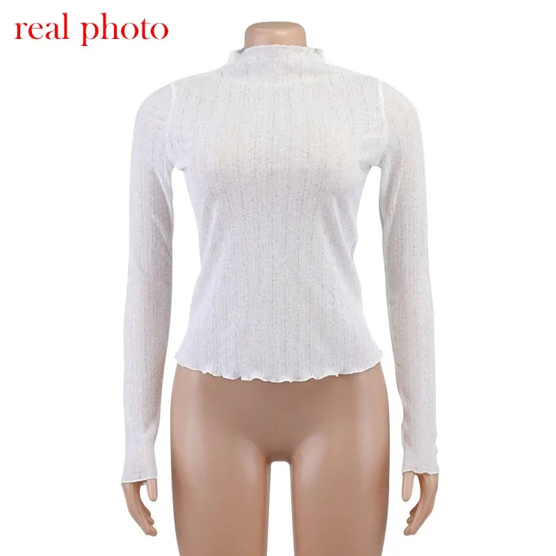 Elegant See Through Long Sleeve Mock Neck Women Tops Fashion Streetwear T-Shirts nowadaysfashion