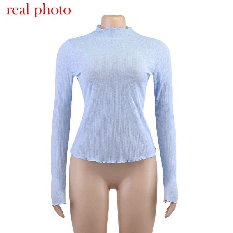 Elegant See Through Long Sleeve Mock Neck Women Tops Fashion Streetwear T-Shirts - Blade & Thread