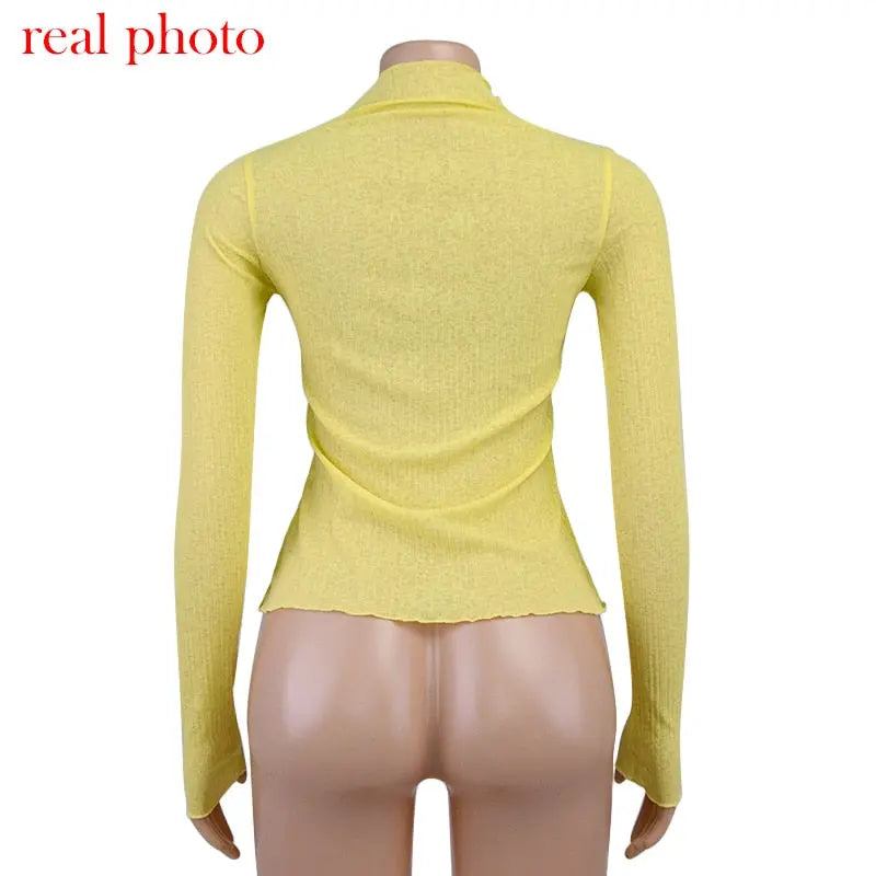 Elegant See Through Long Sleeve Mock Neck Women Tops Fashion Streetwear T-Shirts nowadaysfashion