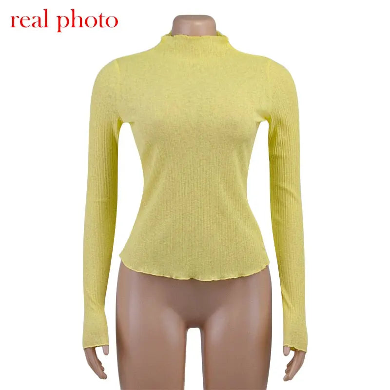 Elegant See Through Long Sleeve Mock Neck Women Tops Fashion Streetwear T-Shirts nowadaysfashion