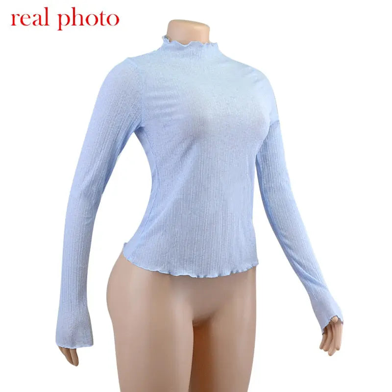 Elegant See Through Long Sleeve Mock Neck Women Tops Fashion Streetwear T-Shirts nowadaysfashion