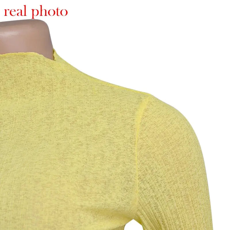 Elegant See Through Long Sleeve Mock Neck Women Tops Fashion Streetwear T-Shirts nowadaysfashion