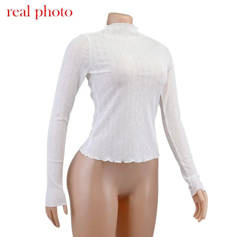 Elegant See Through Long Sleeve Mock Neck Women Tops Fashion Streetwear T-Shirts nowadaysfashion