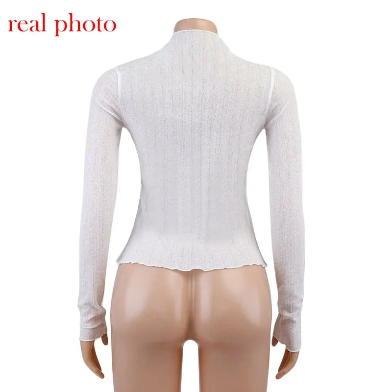 Elegant See Through Long Sleeve Mock Neck Women Tops Fashion Streetwear T-Shirts nowadaysfashion