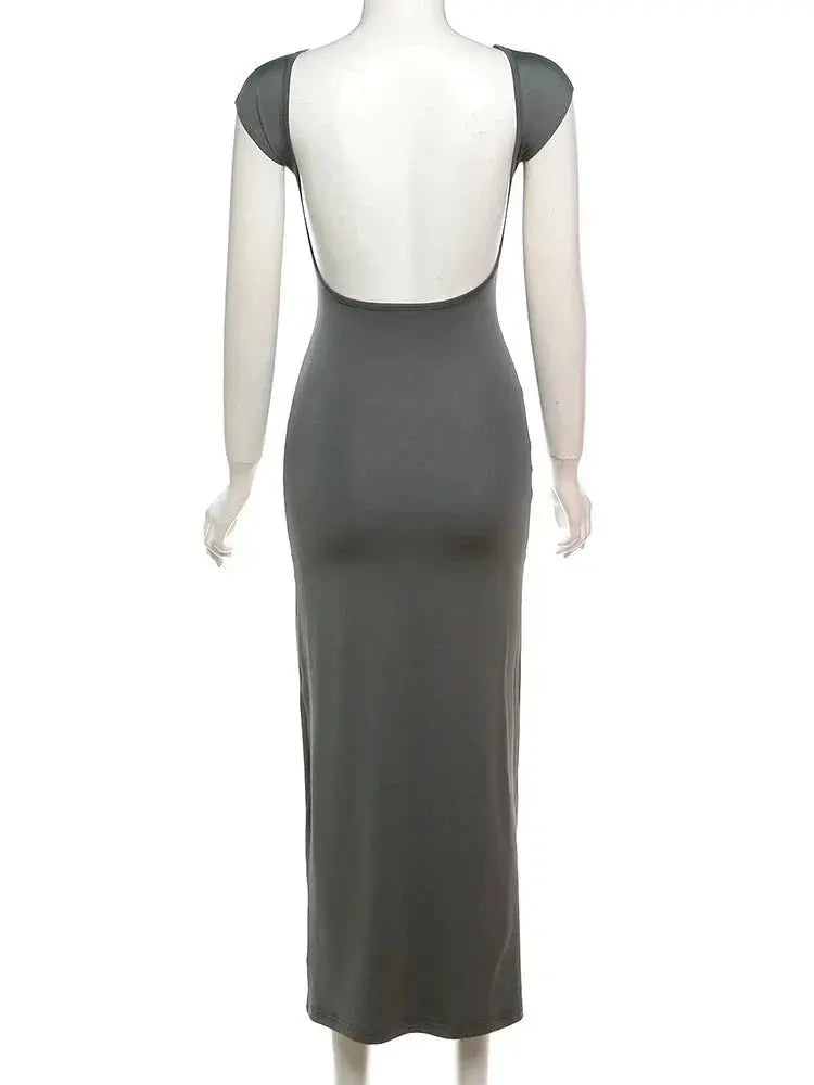 Elegant Short Sleeve Bodycon Maxi Dress O-neck Backless Lady Dresses - Blade & Thread